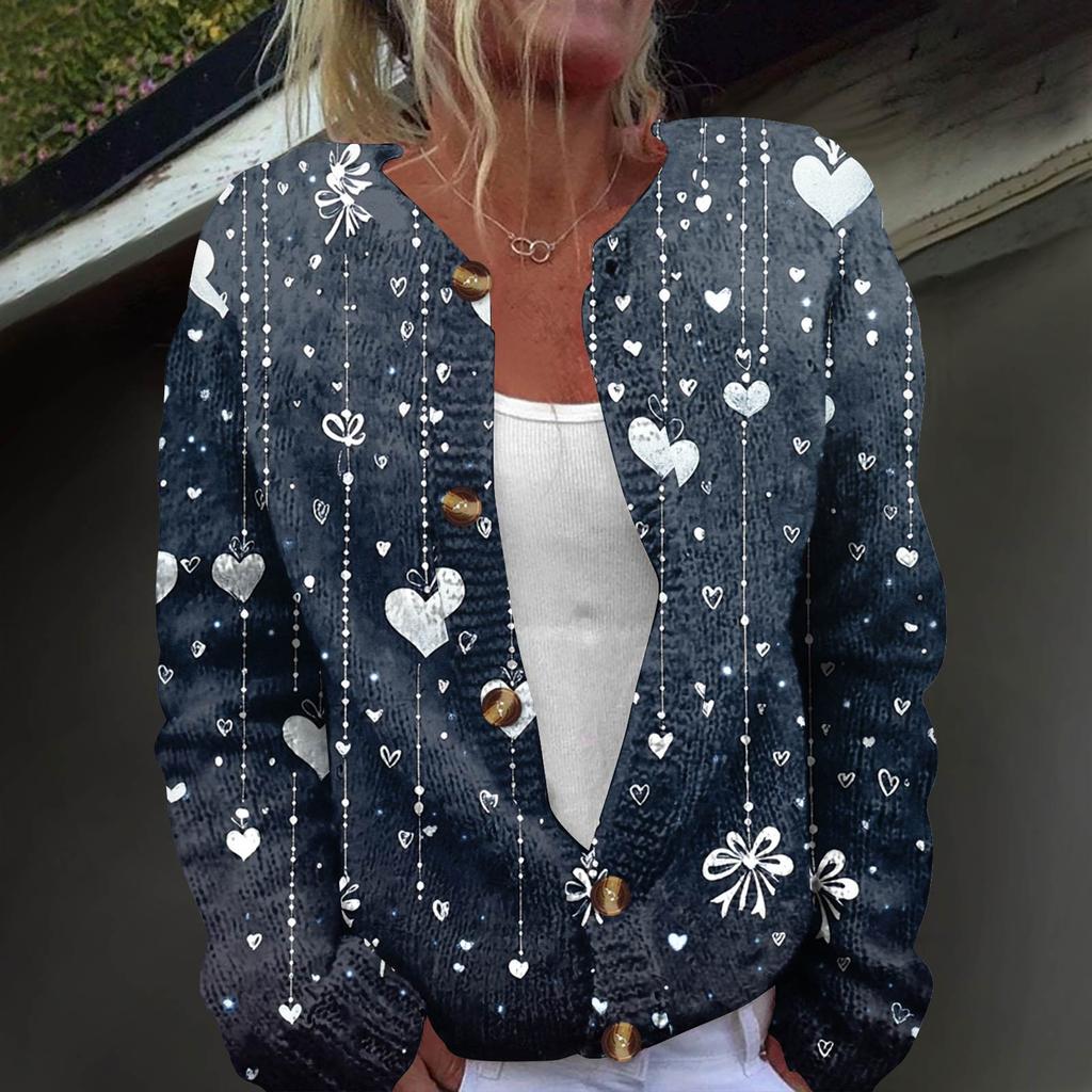 Women's Fashion Printed Long Sleeve Knitted Cardigan Button Down Jacket