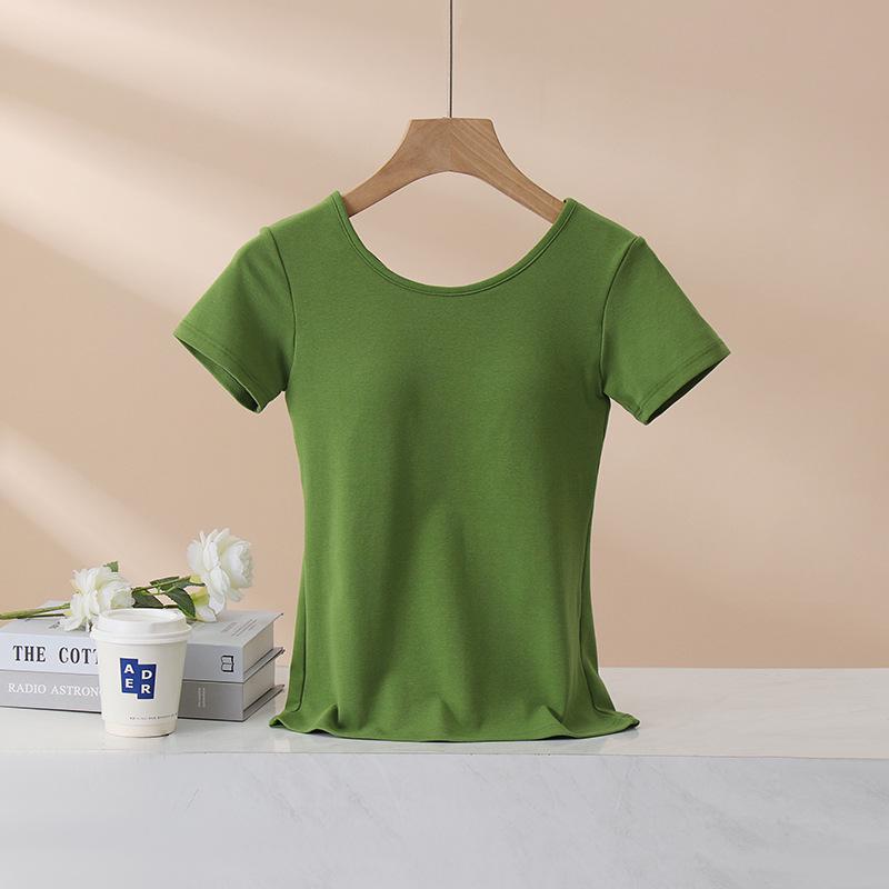 Dámské tričko s krátkým rukávem bez podprsenky - Čistá bavlna, Všitá podprsenka, Krásná záda, Zeštíhlující střih, Letní top
