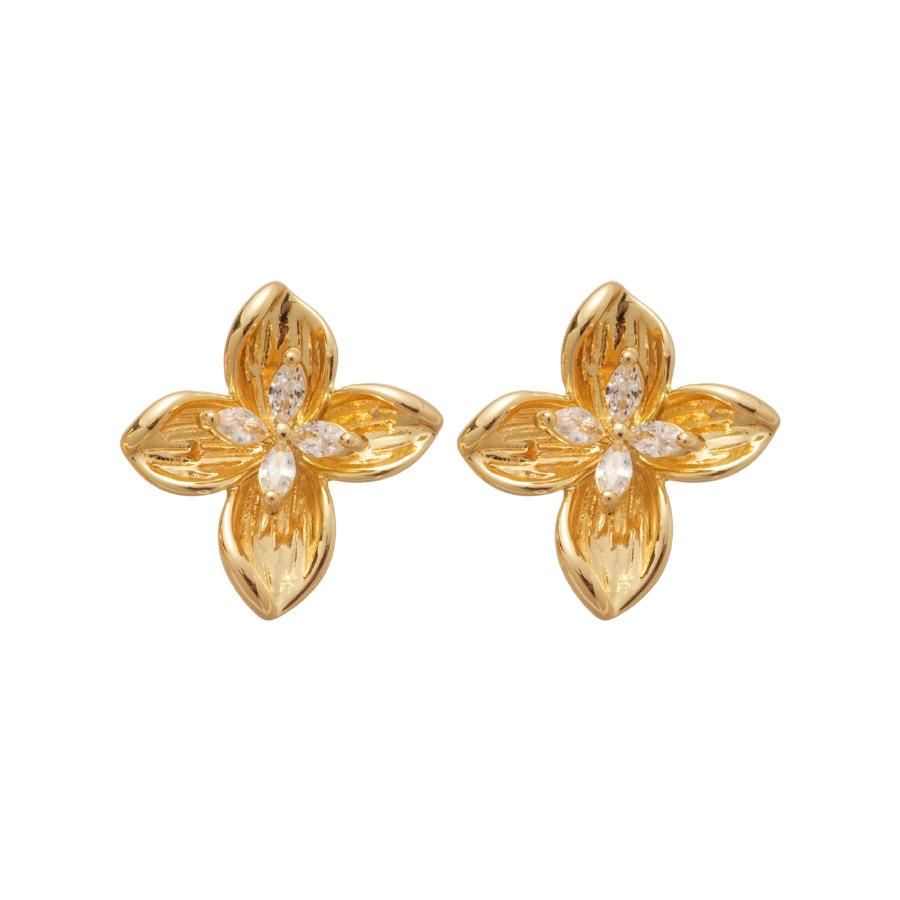 14k Gold Plated Zircon Flower Stud Earrings - Minimalist High-End Design for Women