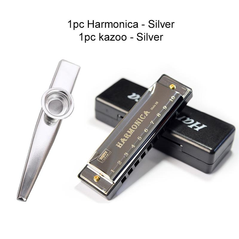 

Mini Harmonica and Kazoo Set Music Teaching Tools 10 Hole Diatonic Harmonica with Case School Supplies Student Rewards TMZ срібний