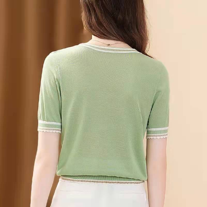 Short Sleeve Knittwear T-shirt for Women Summer Thin Ice Silk Knitted Solid Color Round Neck Bottoming ShirtS-3XL