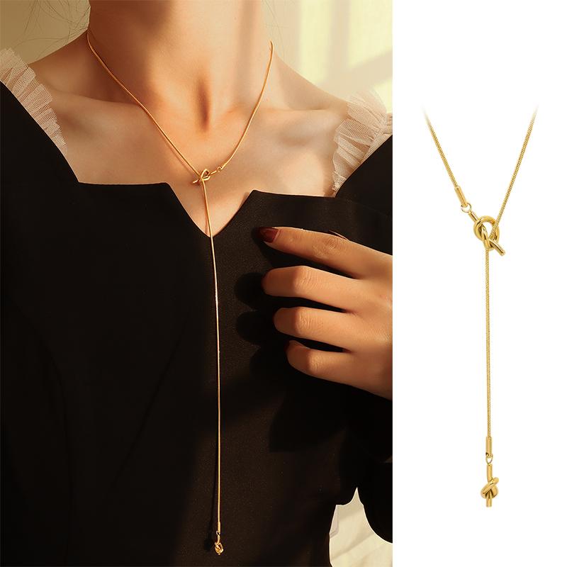 Fashion Necklace Autumn Winter Long Sweater Chain Women s Contracted Heart Knot Tassel Titanium Steel 18 K Gold Plated trendy