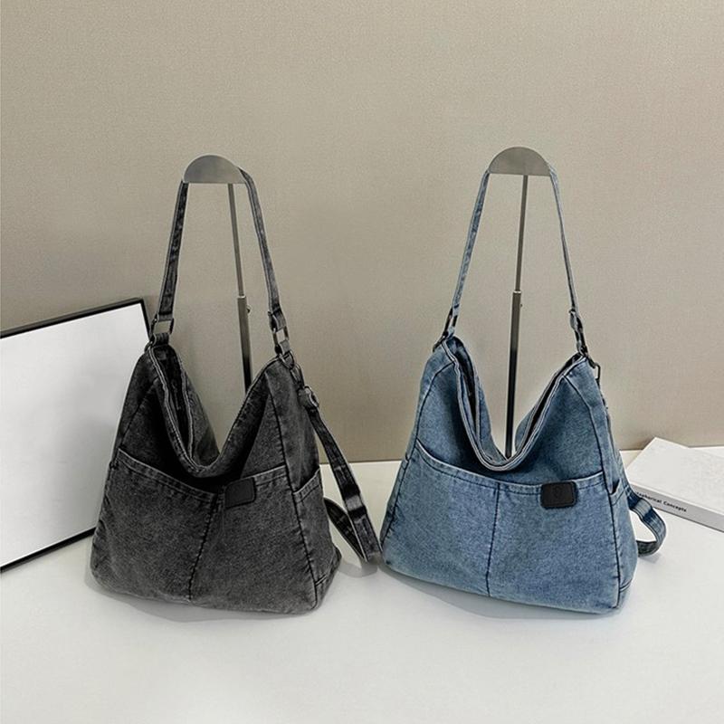 Vintage Denim Shoulder Bag Women's Large Capacity Messenger Bag Multi-pockets Satchel Adjustable Strap Ladies Crossbody Bag AVE