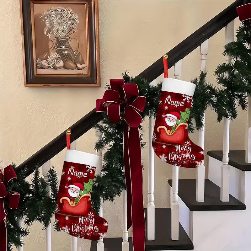 Santa Claus Snowflake Plaid Large Christmas Stocking with Hanging Rope