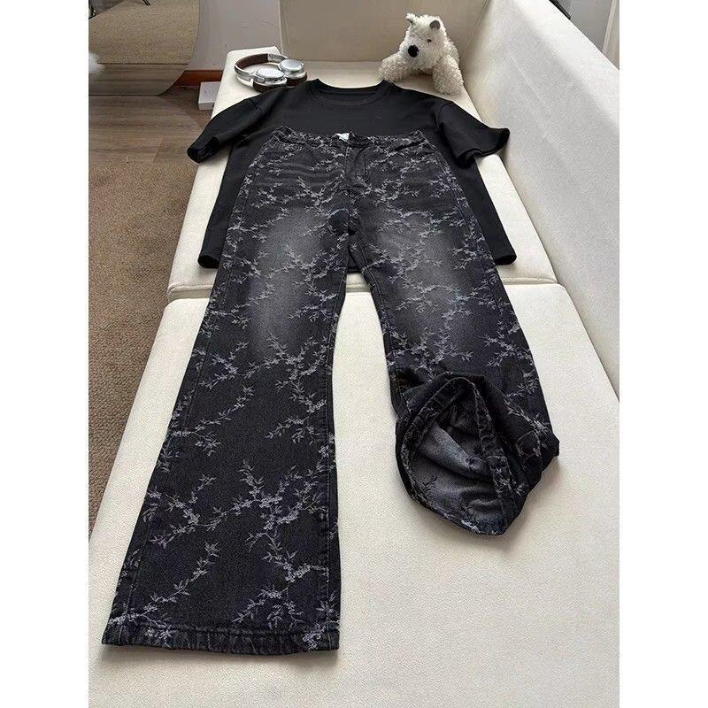 Fashion Men's Statement Streetwear Jeans, Vintage Wash Wide-leg Pants with Half-elastic Waist, Versatile Pants for Everyday & Laid-back Style