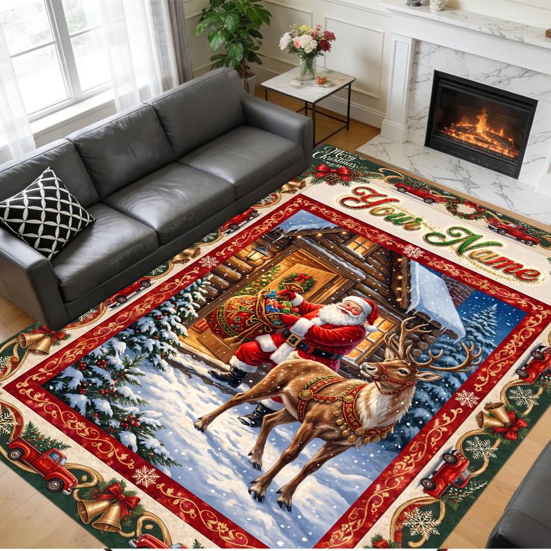 Christmas Custom Name Printed Square Area Rug Soft Non Slip Floor Carpet For Bedroom Holiday Gift