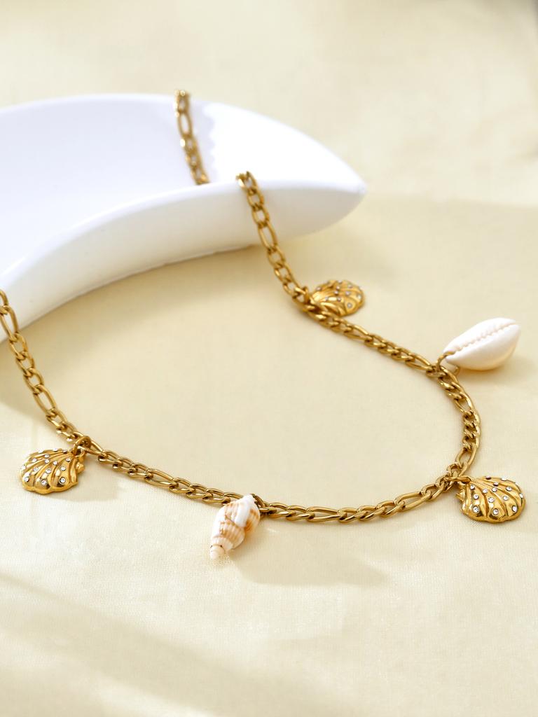 Summer Beach Series Fashion Elegant Vintage Charms Stainless Steel 18K Gold Plated Diamonds Shell Pendant Necklace For Women