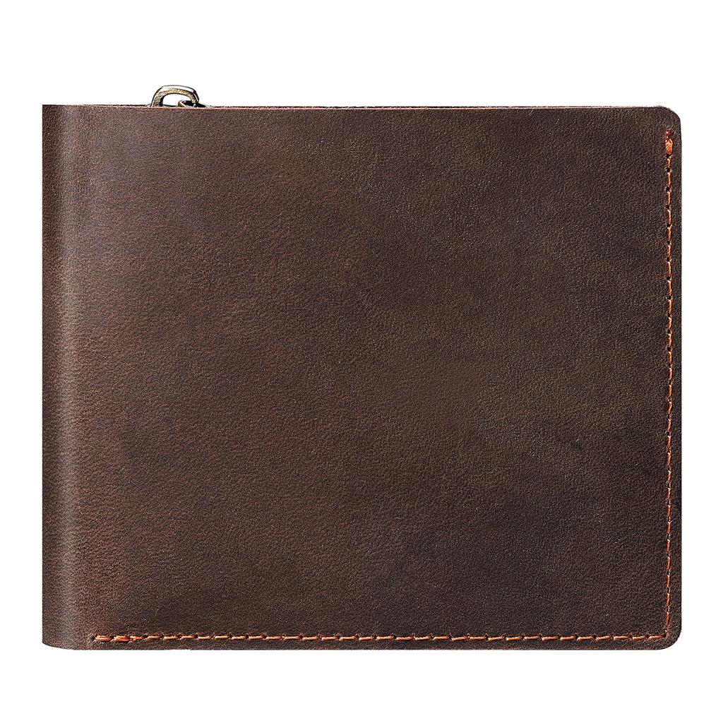 Men's Bifold Wallet with Zipper Coin Pocket Crazy Horse Leather Multi Card Slots Vintage Short Wallet for Men Genuine Leather