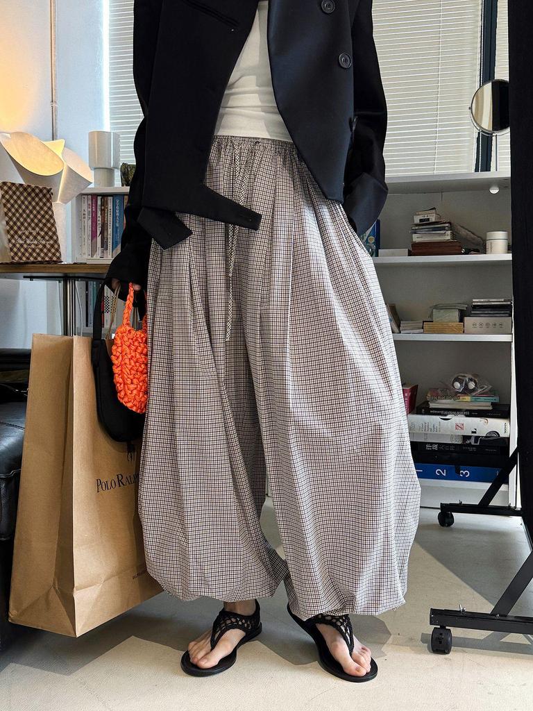 Xu Man Spring/Summer Paris Fashion Plaid Balloon Button Cuff Long Pants for Women