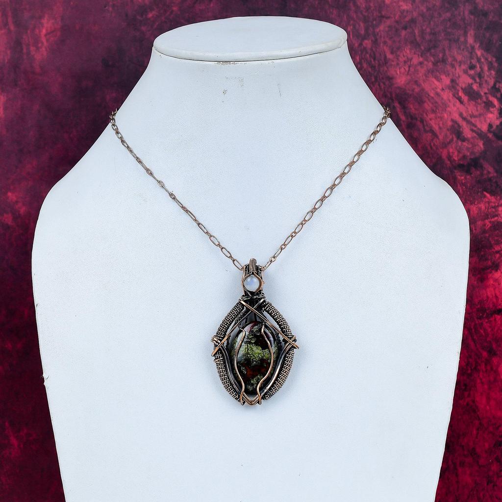 Dragon Bloodstone Gemstone Pendant Copper Wire Wrapped Rainbow Moonstone Jewelry