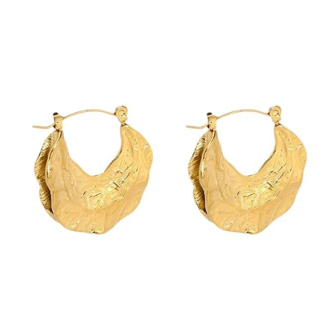 European and American Ins Niche Stainless Steel Hammer Pattern Leaf Pattern Pendant Earrings Ear Buckle Plated 18k Gold Pleated Design Earrings
