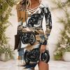 Women Criss Cross V Neck Long Sleeve Cartoon Excavator Printed Fitted Curved Hem Dress