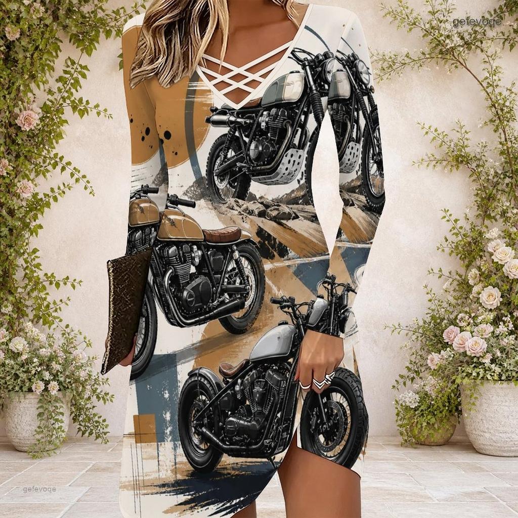 Women Criss Cross V Neck Long Sleeve Cartoon Excavator Printed Fitted Curved Hem Dress