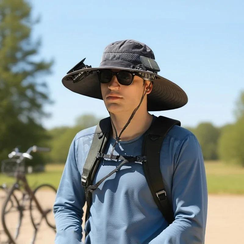 Outdoor-Fischerhut mit solarer USB-Ladefunktion und Lüfter, Kühlhut für Herren, Sonnenschutz, Fischerhut für Outdoor, Reiten, Wandern, Angeln