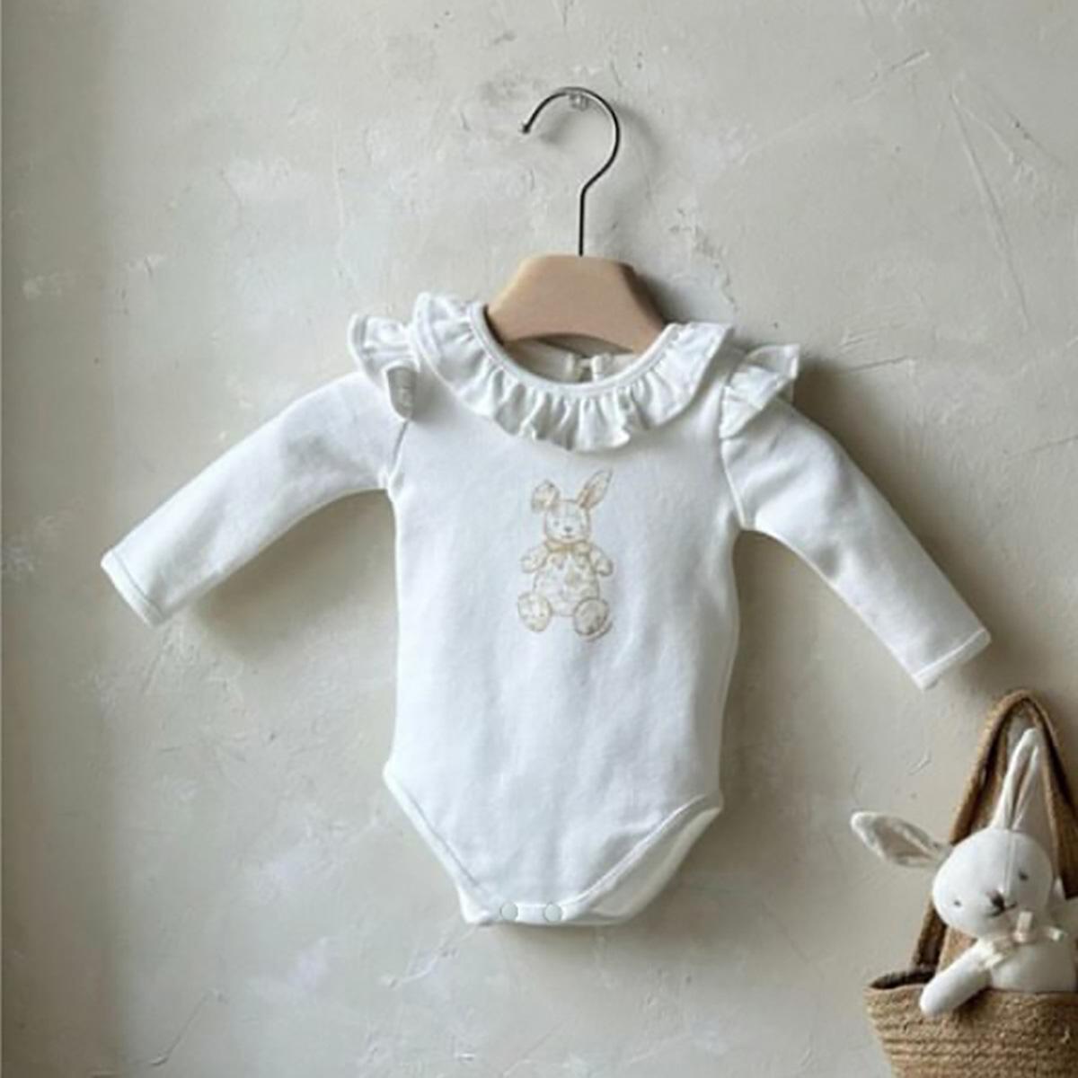 Korean Spring 2026: Girls  Rabbit Print Ruffle Collar Bodysuit Jumpsuit Size 73 покинуть белый