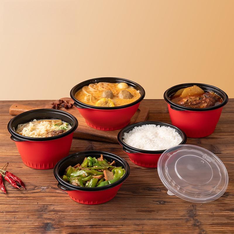 Disposable PP Bowl Red Seal Takeout Food Container with Lid Round Microwave Safe