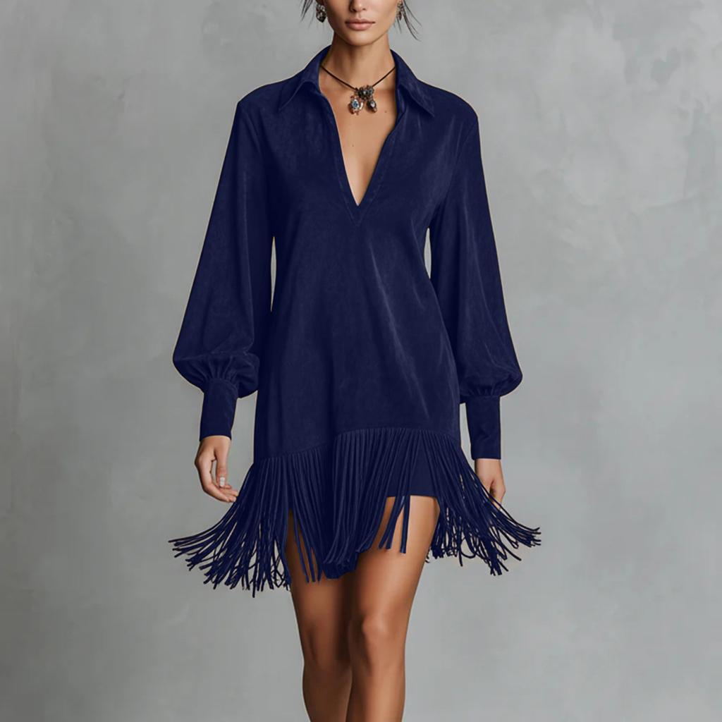Women's Long Sleeved Casual Retro Loose V-Neck Suede Tassel Dress