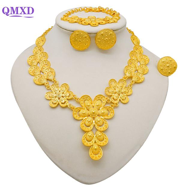 Seturi de bijuterii de culoare aurie Dubai pentru femei Cercei și colier indieni Nigeria Cadouri de nuntă de mireasă marocane