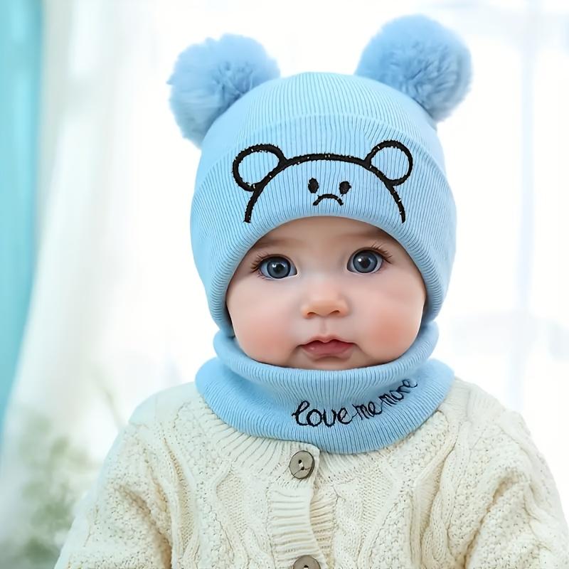2pcs Winter Baby Hat Scarf Set Toddler Girl Boy Cap Knitted Beanie Fur Ball Cartoon Bear Snow Outfit Infant Accessories