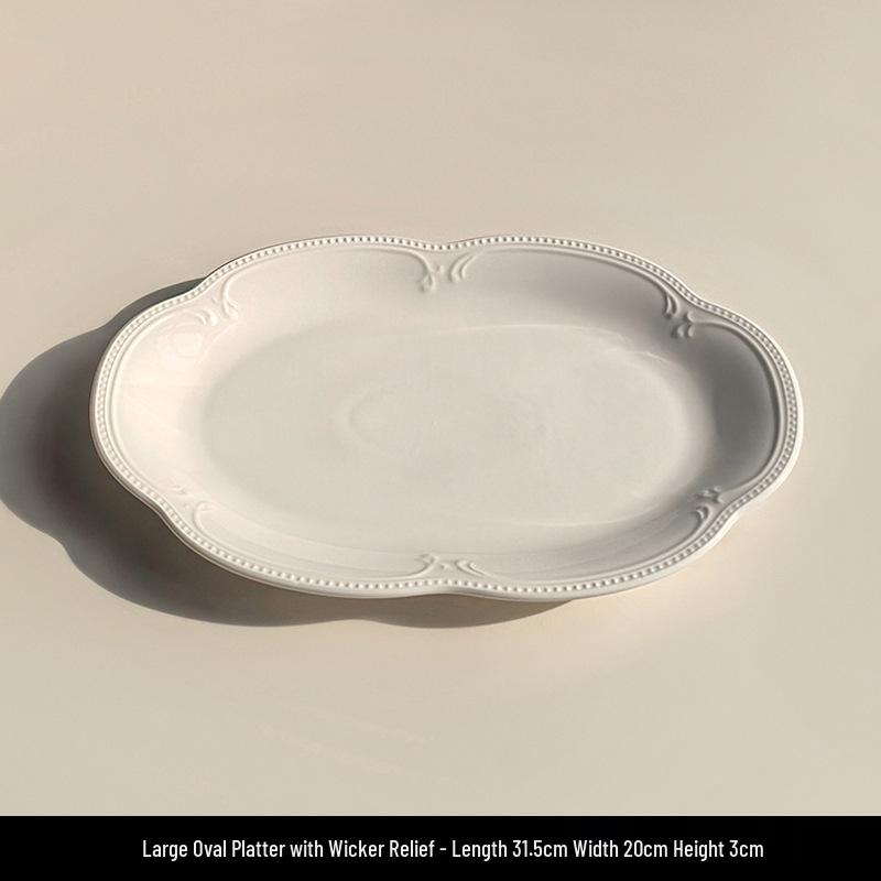 Attitude Life French Light Luxury Pure White Embossed Ceramic Dinnerware Set - Dessert & Western Food Plates.