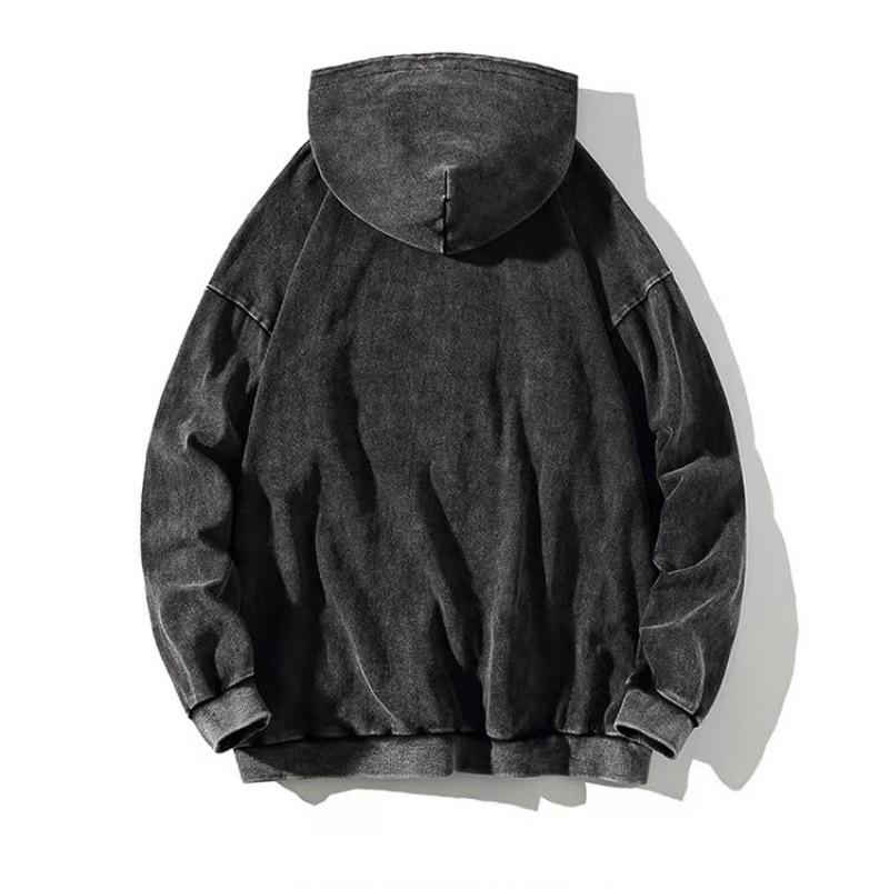 Retro Washed Distressed Loose-Fit Hooded Sweatshirt, 260g Pure Cotton, Drop-Shoulder, Plain Design