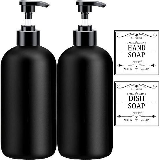 Clear Soap Dispenser with Rust Proof Pump, Waterproof Labels (2 Pack,16 Oz), Plastic Hand Soap Dish Soap Dispenser for Kitchen Bathroom