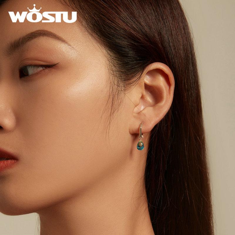 WOSTU 925 Sterling Silver Teardrop Dangle Drop Earrings For Women Water Drop Rainbow Crystal Hoops Pendientes For Women