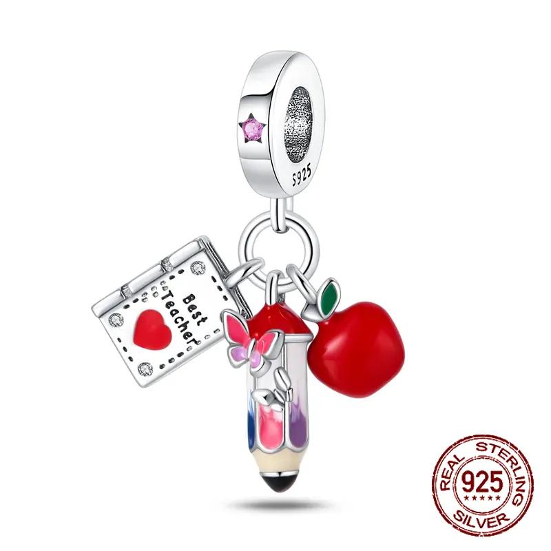 Copper School Backpack Book Pencil Trophy Charm Beads Fit The Original Charm Bracelet Women Diy Jewelry