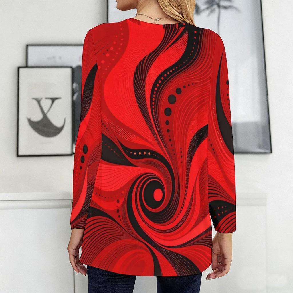 Women Plus Size Round Neck Long Sleeve Abstract Printed Red Black Loose Longline T Shirt With Pockets