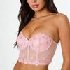 Pink Mesh Embroidered Corset Lingerie: Sexy Bandeau with Fishbone Detailing