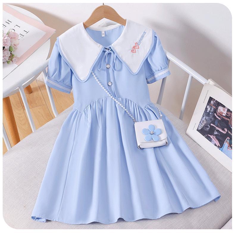 Girls Korean Short Sleeve Dress with Peter Pan Collar Summer Princess Dress for Big Kids 120