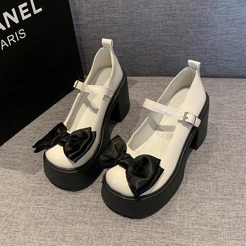2025 Summer New Coarse Heel Mary Jane Single Shoes Fashion Bowknot Thick Heel Round Toe Pumps Trendy Street Lolita Shoes