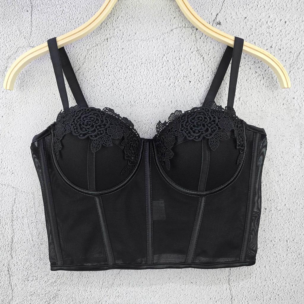 Versatile Fitted French-style Bra Tank Top Slimming Bra with A Waist-cinching Design Ultra-thin Contrasting Lace Sensual Style Corset Tank Tops