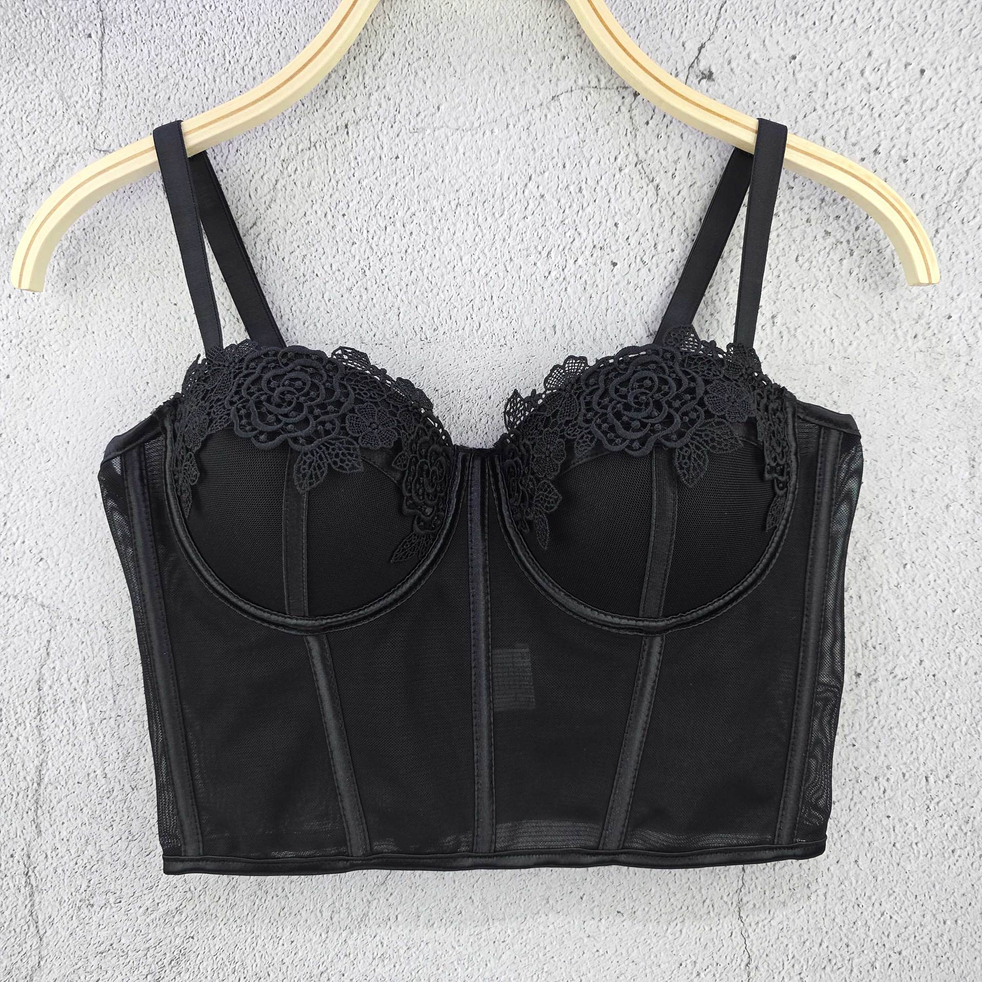 

Универсальный облегающий топ-майка бюстгальтер во французском стиле, утягивающий бюстгальтер с дизайном, подчеркивающим талию, ультратонкое контрастное кружево, чувственный стиль, корсетные майки 40/90 чёрный