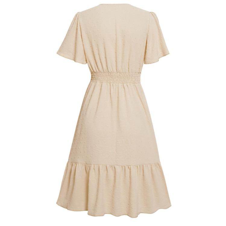 A-Line High Waist Above Knee Solid Color V-Neck Short Sleeve Women Casual Dress Spring Summer Lotus Leaf Design S-XL