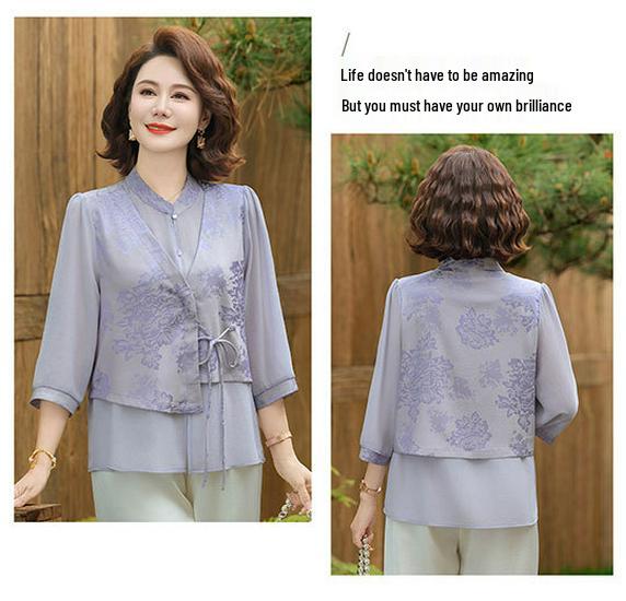 2026 Floral Summer Set for Middle-aged Women: Chinese Style Shirt Blouse