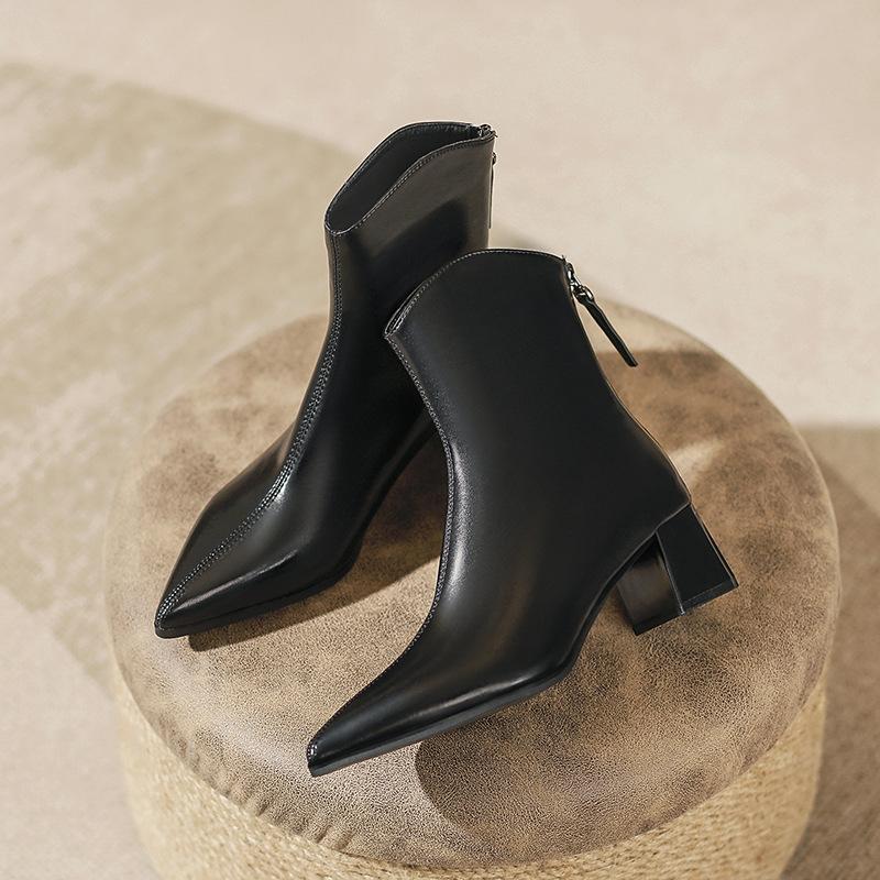 Coarse Heel Pointed Short Boots Women's Autumn and Winter Single Boots 2025 New Medium Boots French Temperament Leather Boots High Heel Thin Boots