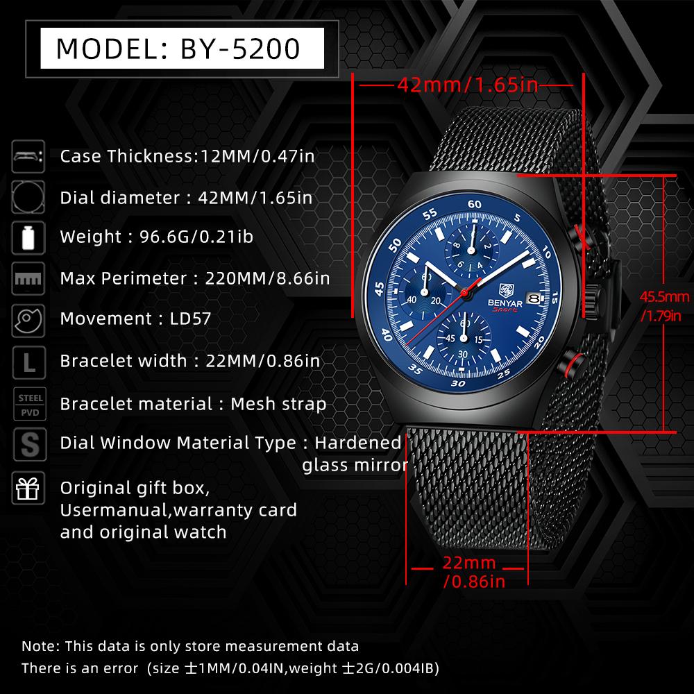BENYAR 5200 Men's Multi Functional Timing Quartz Watch Calendar Night Light Waterproof Stainless Steel Watches for Man