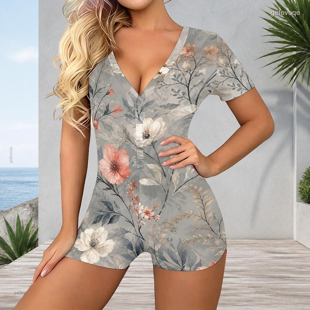 Womens Short Sleeve One Piece V Neck Plus Size Jumpsuit