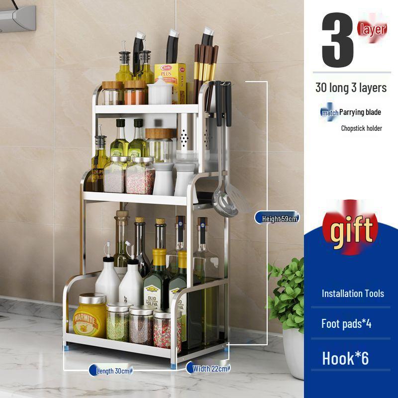 Stainless Steel Multi-layer Kitchen Rack: Spice, Knife Holder & Storage