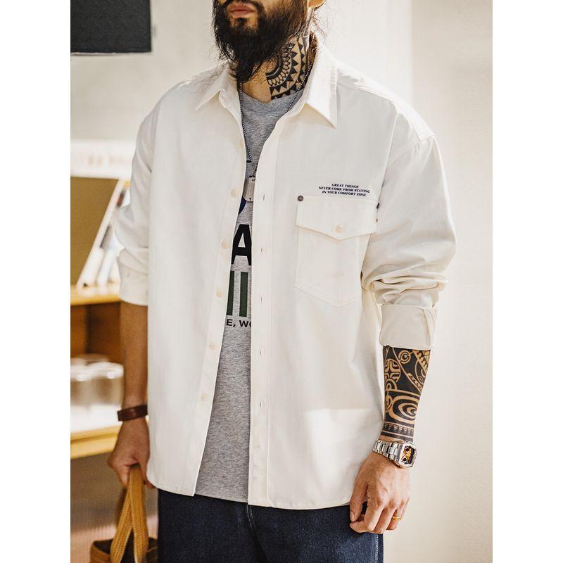 Madden Parka American Casual Herringbone Profile Long Sleeves Shirt Print Bandage Dress White with Lapel Shirt Men's Autumn