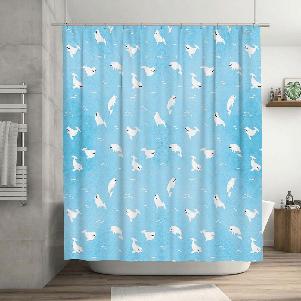 Ocean Wave Shower Curtain Blue Fish Sea Coastal Bathroom Decor Waterproof Fabric Liner