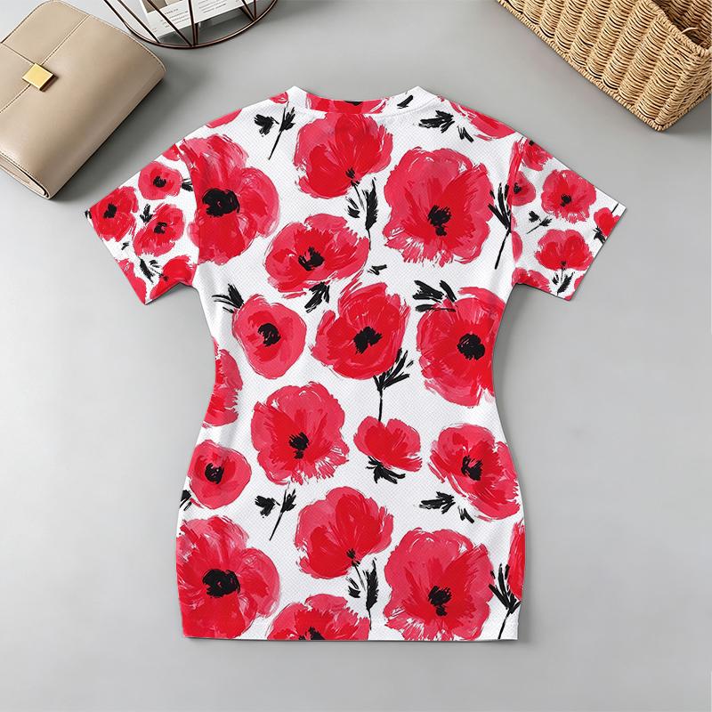 Women's Bodycon Mini Dress V Neck Short Sleeve,Soft Fabric,Poppy Print,Elegant Casual Ideal for Daily Wear,Vacation,Home & Outings