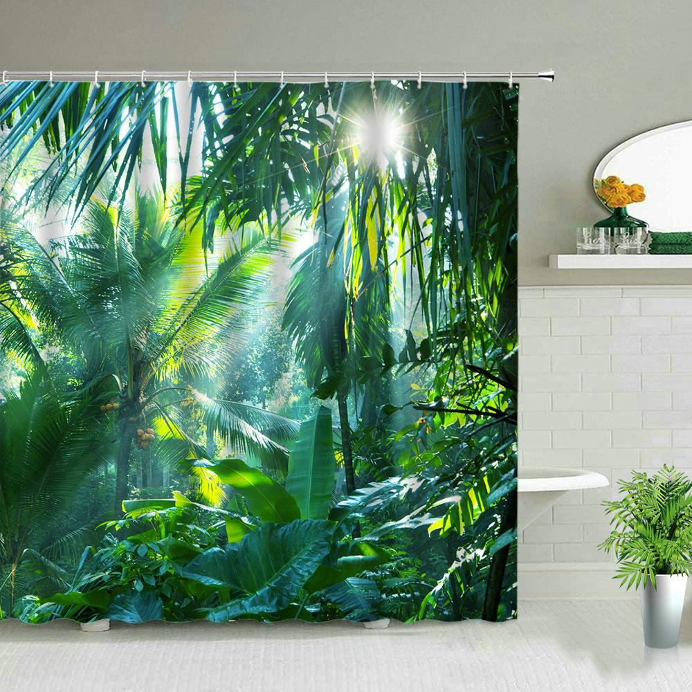 Tropical Palm Leaves Shower Curtain Set Green Plant Leaves Leaf Pumpkin Red Truck Halloween Christmas Decor Bathroom Curtains