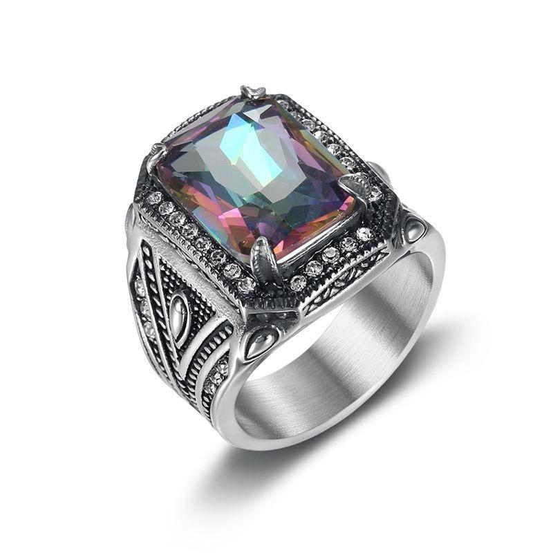 Vintage Personality Colored Gemstones Men's Punk Fashion Alloy Zircon Ring