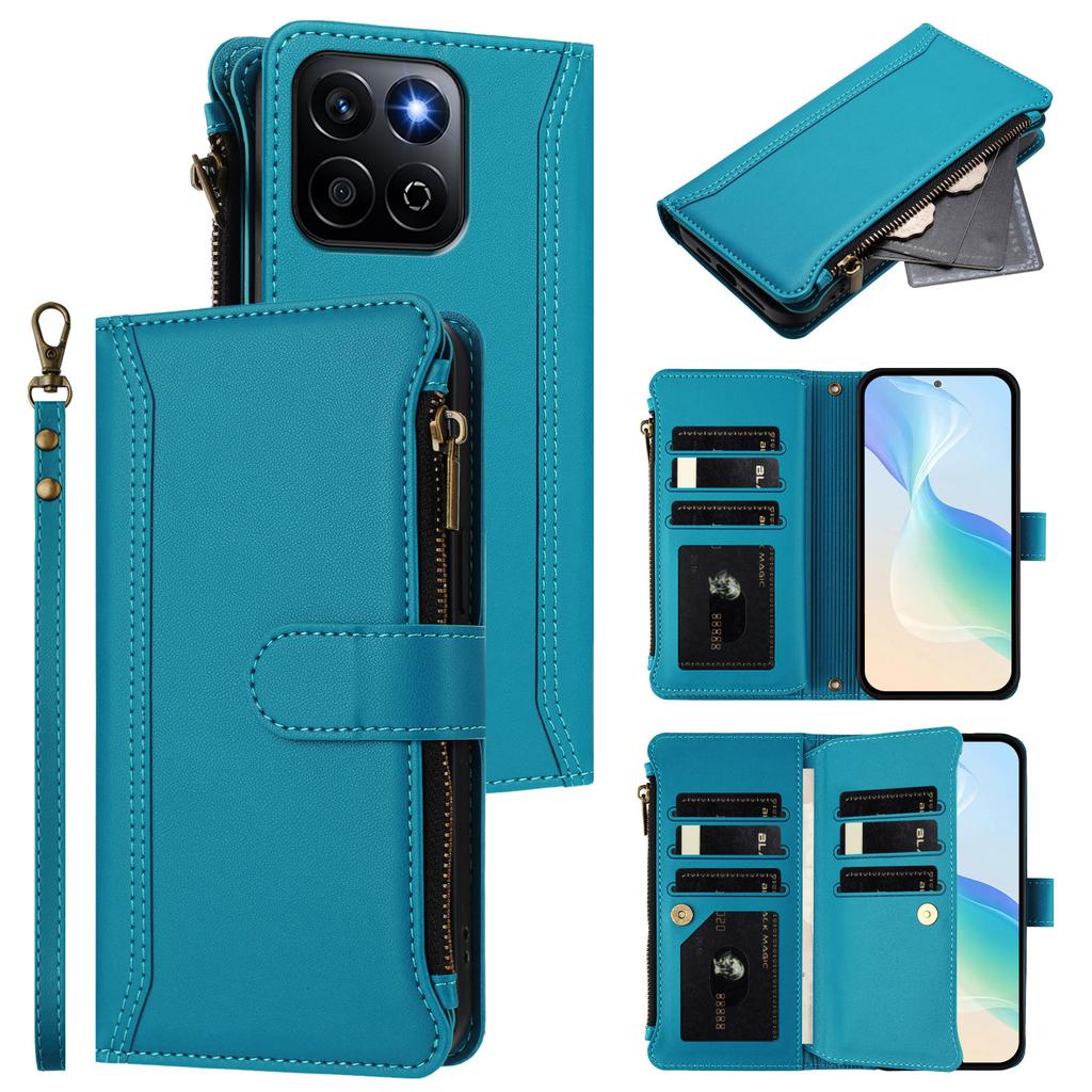 For Honor Play 60 Plus 5G/X7c 5G/X7c 4G/200 Smart 5G Leather Case 9 Card Slots Zipper Wallet Stand Phone Cover with Wrist Strap