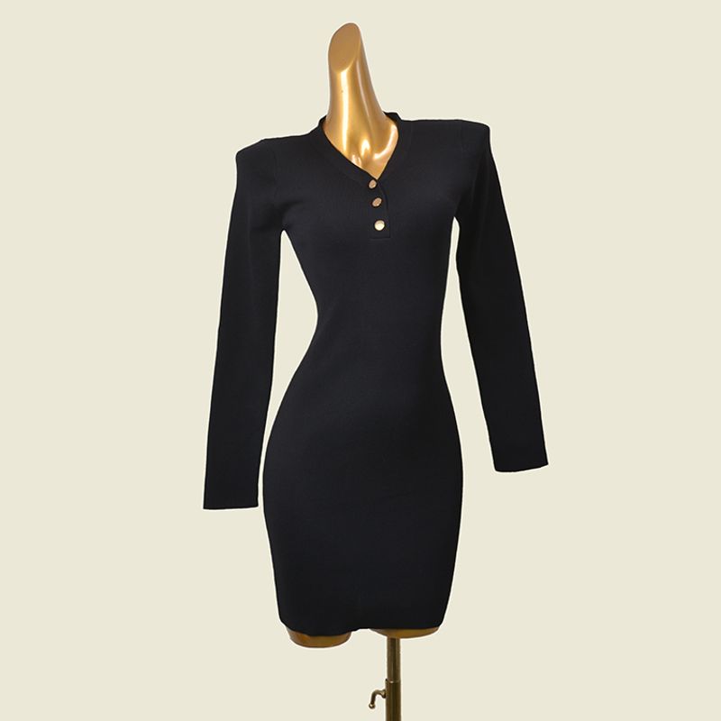 Foreign Trade Original Order Minimalist Black Long Sleeves Bodycon Dress Fashion Wind High Elastic Silm Metal Buckle Knitting Base Dress