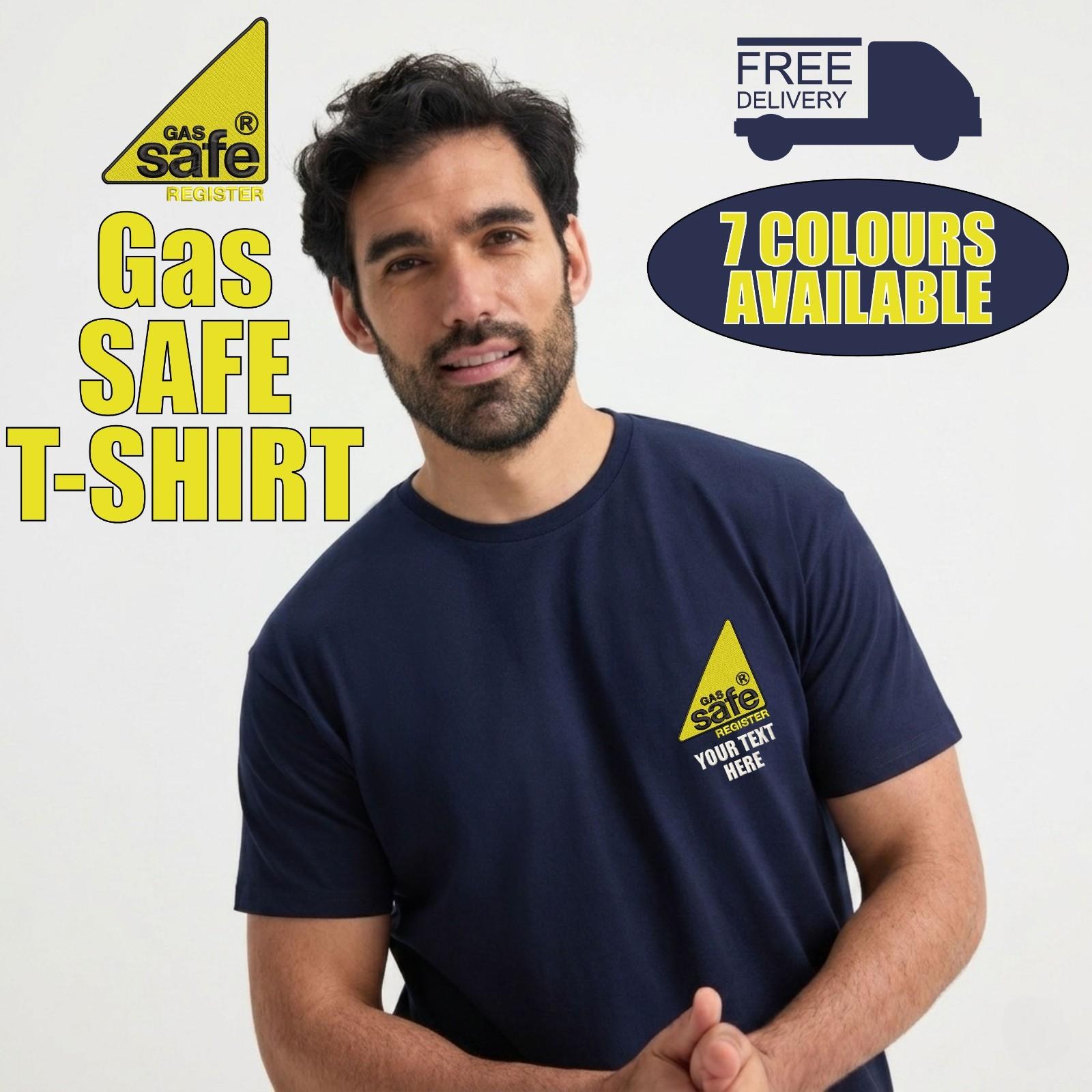 Personalised Gas Safe Embroidered T-Shirt Custom Text Engineer Workwear Gift Top XL