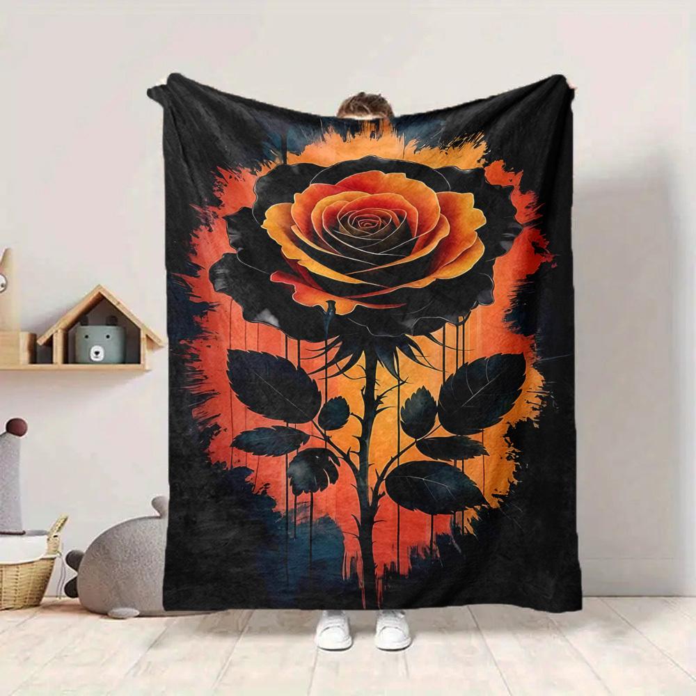 1pc Black Rose Print Blanket   Lightweight Flannel Throw Blanket For Sofa, Bed, Living Room, Office, Outdoor Travel, Camping