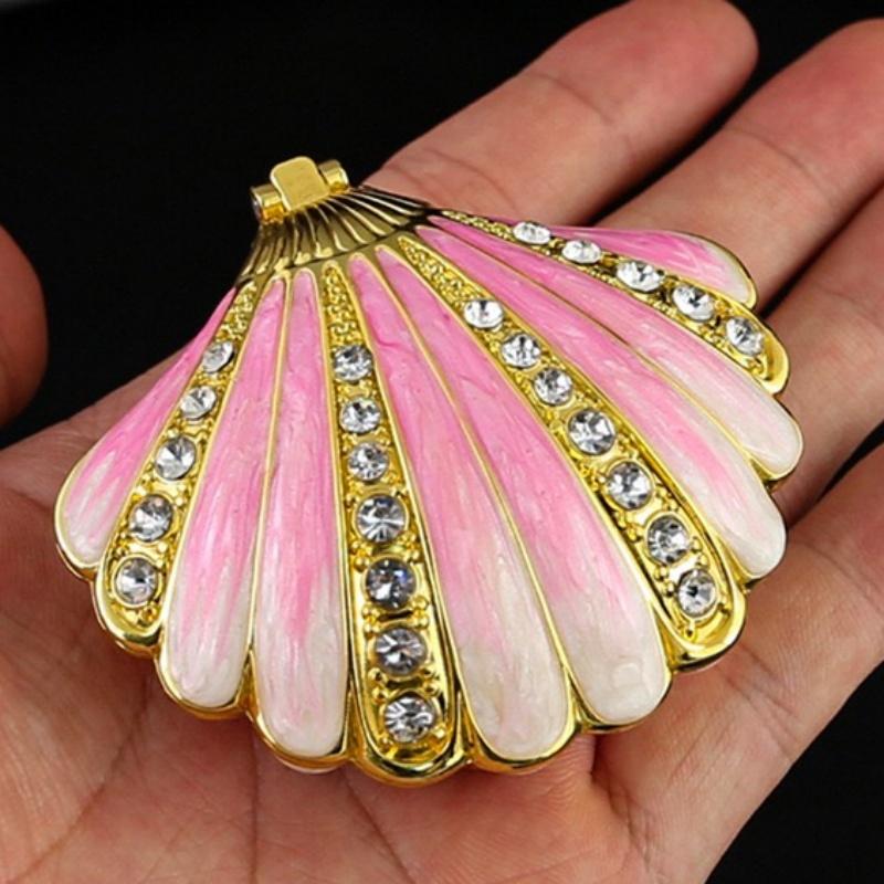 Portable Mini Jewelry Storage Box Bracelet Organizer,Embossed Shell Shape Inlaid Gem Alloy Ring Storage Jar Dresser Display Gift